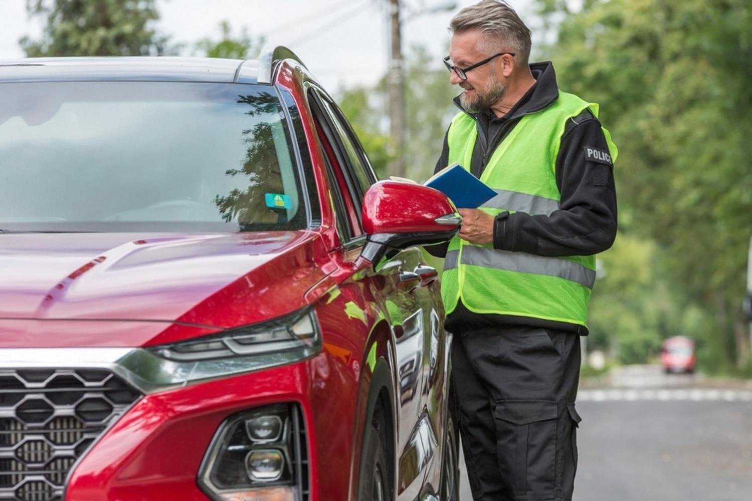 UAE traffic police officer checking a driver's documents next to a red SUV
